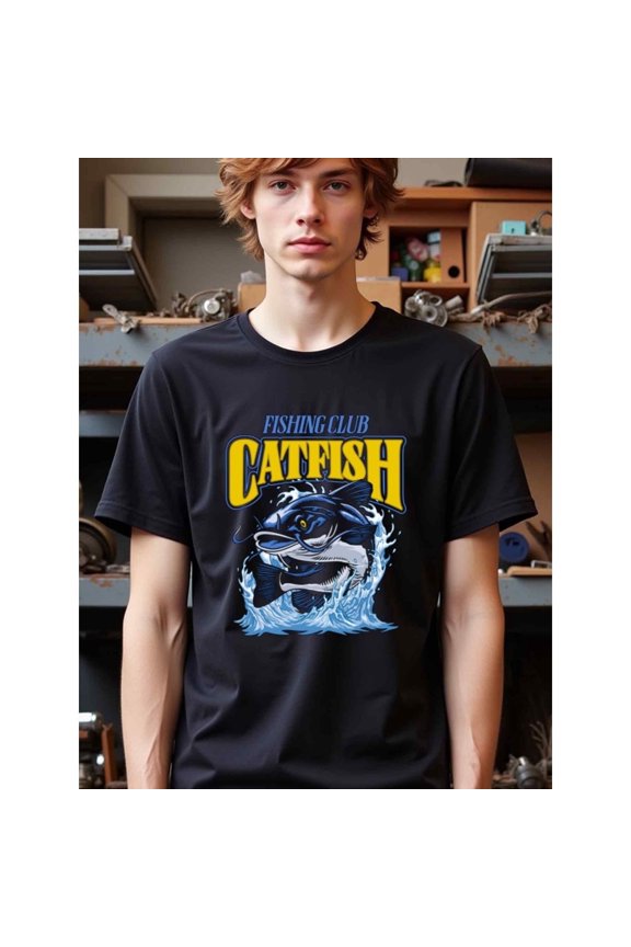 natee Fishing Club Catfish Graphic Tee, man's T-Shirt,Cotton Fabric,Crew Neck,Short Sleeve,Regular Fit,All-Season Casual Wear,180gsm-Ideal for Valentines Chris