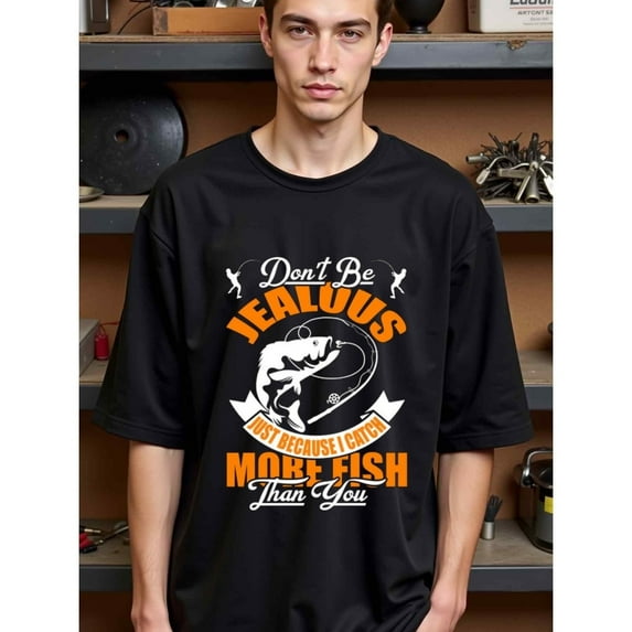 natee Funny Fishing T-shirt: Don't Be Jealous, I Catch More Fish Than You, man's T-Shirt,100% Cotton Fabric,Crew Neck,Short Sleeve,Regular Fit,All-Season Casual Wear,180gsm