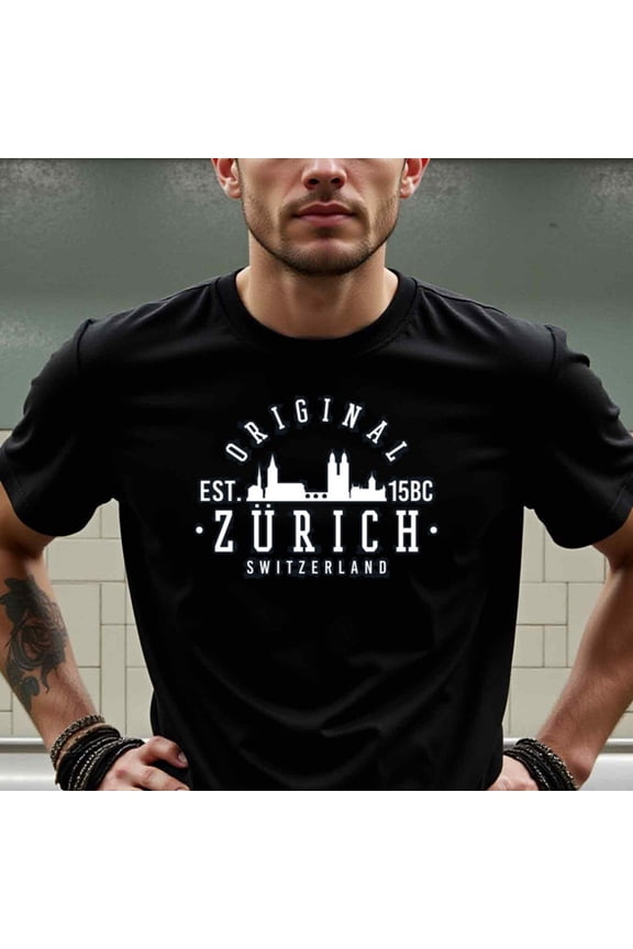 natee Men's Zurich Switzerland Original T-Shirt - Swiss Cityscape Graphic Tee, Heavyweight 180gsm Cotton Crew Neck Shirt, All-Season Casual Everyday & Formal Wear - Ideal Gift for Dad, Husband, Trav