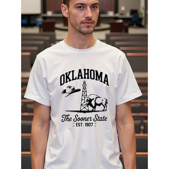 Greenink natee Oklahoma the Sooner State Est. 1907 T-shirt, Men's T-Shirt,100% Cotton Fabric,Crew Neck,Short Sleeve,Regular Fit,All-Season Casual Wear,180gsm-Ideal for Valentines Ne