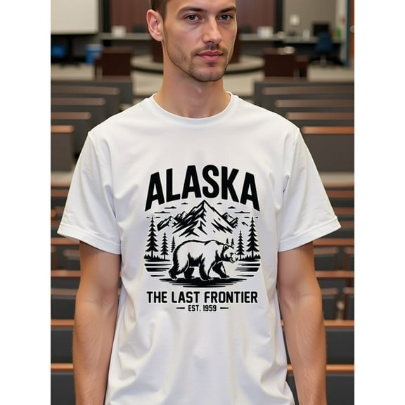 natee Alaska: the Last Frontier - Vintage Bear Graphic Tee, Men's T-Shirt,100% Cotton Fabric,Crew Neck,Short Sleeve,Regular Fit,All-Season Casual Wear,180gsm-Ideal for Vale