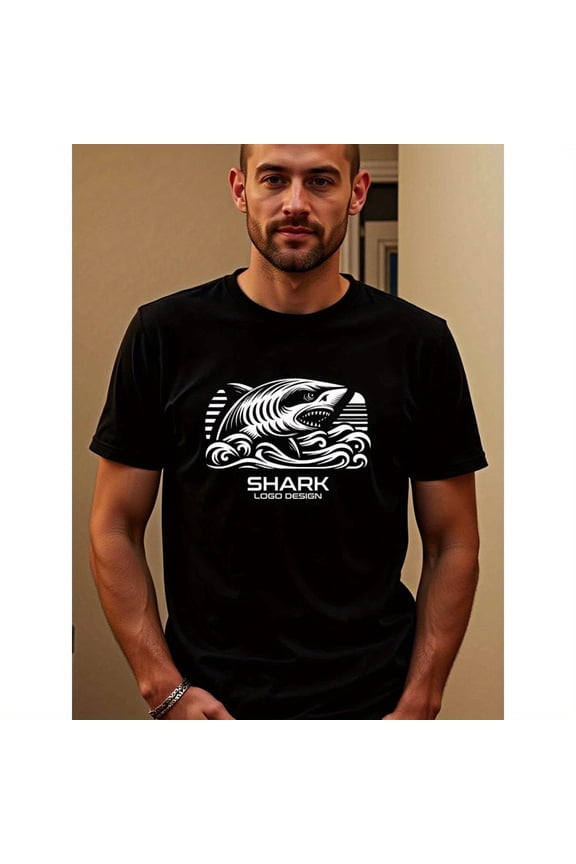 natee Bold Shark Logo Graphic Tee for Men, man's T-Shirt,100% Cotton Fabric,Crew Neck,Short Sleeve,Regular Fit,All-Season Casual Wear,180gsm-Ideal for Valentines Christian