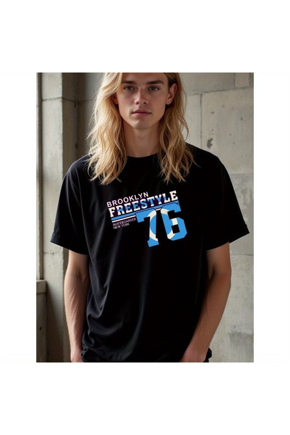 natee Brooklyn Freestyle Skateboarder 76 Graphic Tee, man's T-Shirt,100% Cotton Fabric,Crew Neck,Short Sleeve,Regular Fit,All-Season Casual Wear,180gsm-Ideal for Valentines
