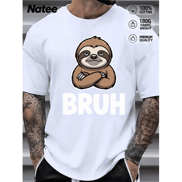 natee local warehouse clearance Bruh Sloth Graphic Tee - Funny Lazy Animal T-shirt, women's T-Shirt,100% Cotton Fabric,Crew Neck,Short Sleeve,Regular Fit,All-Season Casual Wear,180gsm-Ideal for All