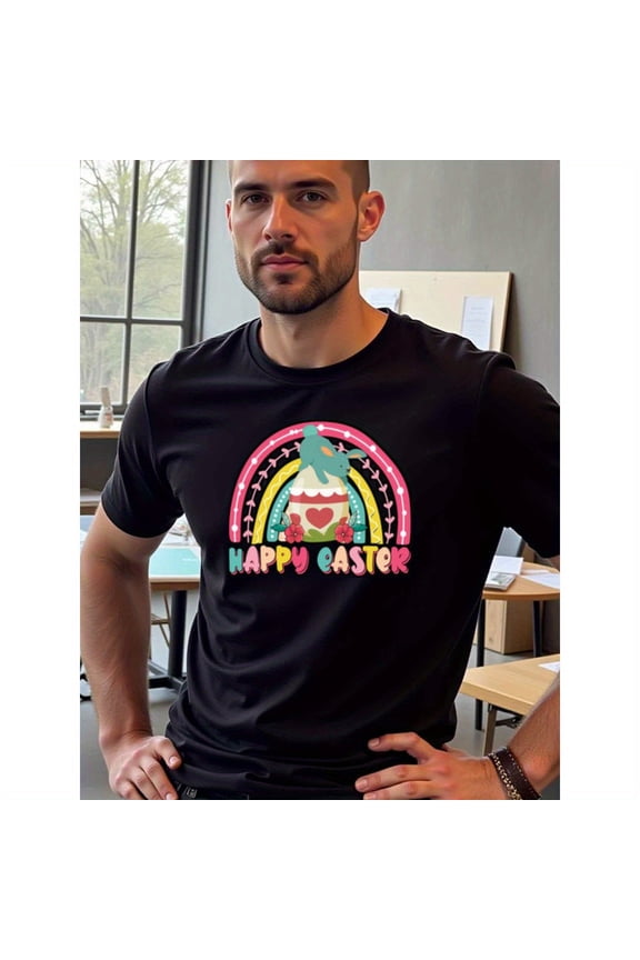 local warehouse clearance Colorful Easter Bunny Rainbow Graphic Tee, 100% Cotton Fabric,Crew Neck,Short Sleeve,Regular Fit,All-season casual wear for men and teens-perfect for running, hiking,