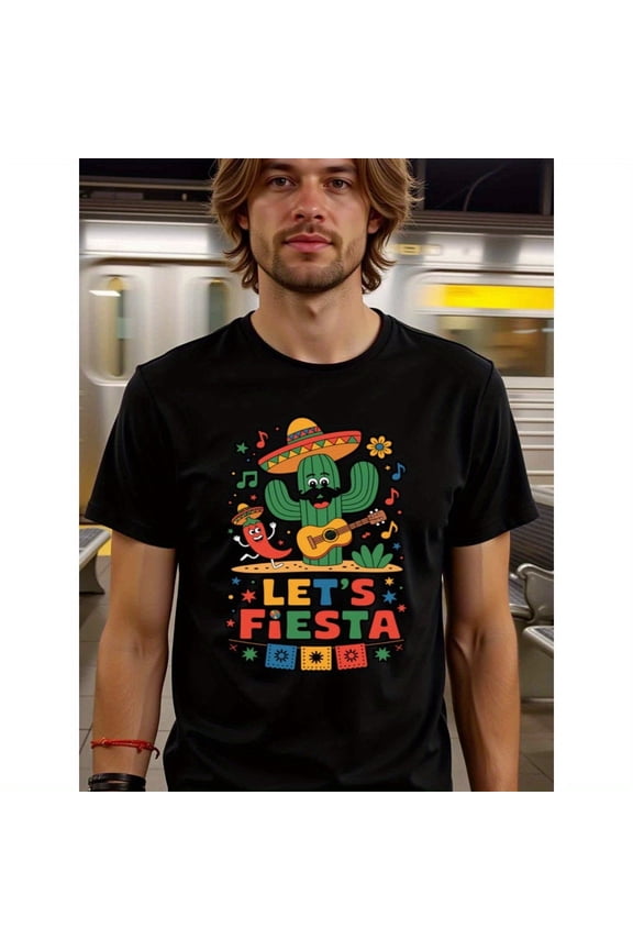 natee Let's Fiesta: Fun Mexican Party T-shirt, Men's T-Shirt,100% Cotton Fabric,Crew Neck,Short Sleeve,Regular Fit,All-Season Casual Wear,180gsm-Ideal for Valentines New Ye