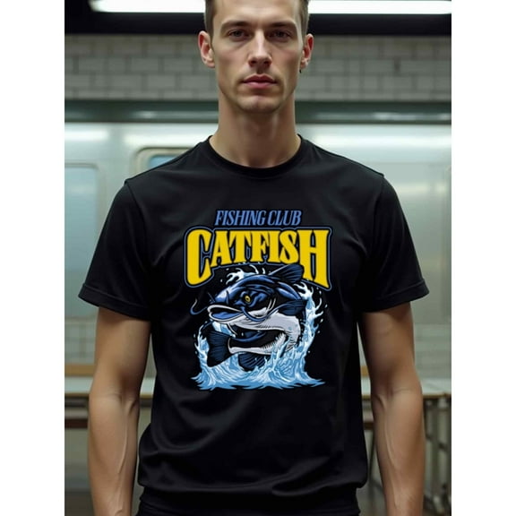 natee Fishing Club Catfish Graphic Tee for Anglers, 100% Cotton Fabric,Crew Neck,Short Sleeve,Regular Fit,All-season casual wear for men and teens-perfect for running, hiki