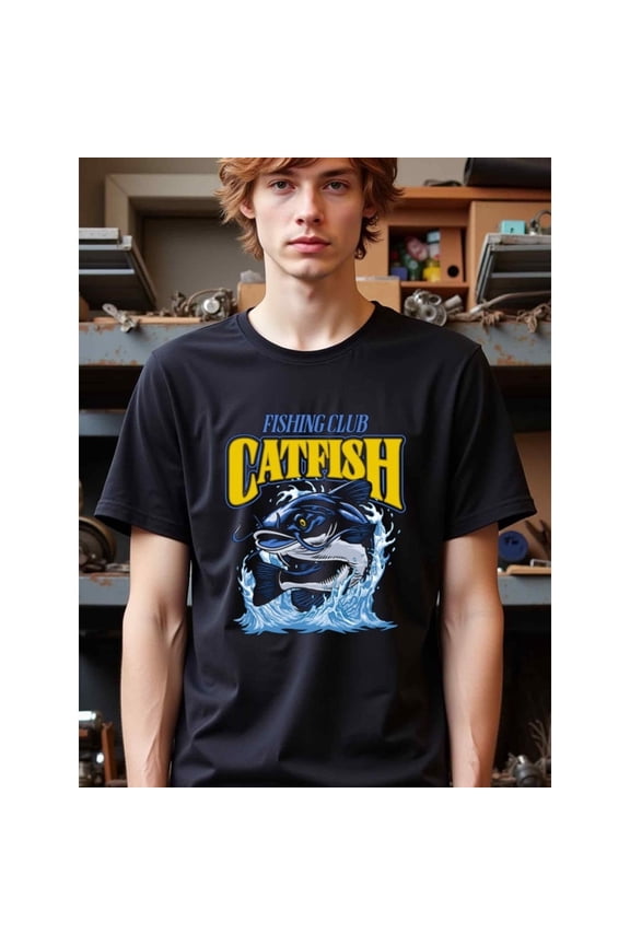 natee Fishing Club Catfish Graphic Tee, man's T-Shirt,100% Cotton Fabric,Crew Neck,Short Sleeve,Regular Fit,All-Season Casual Wear,180gsm-Ideal for Valentines Christian fes