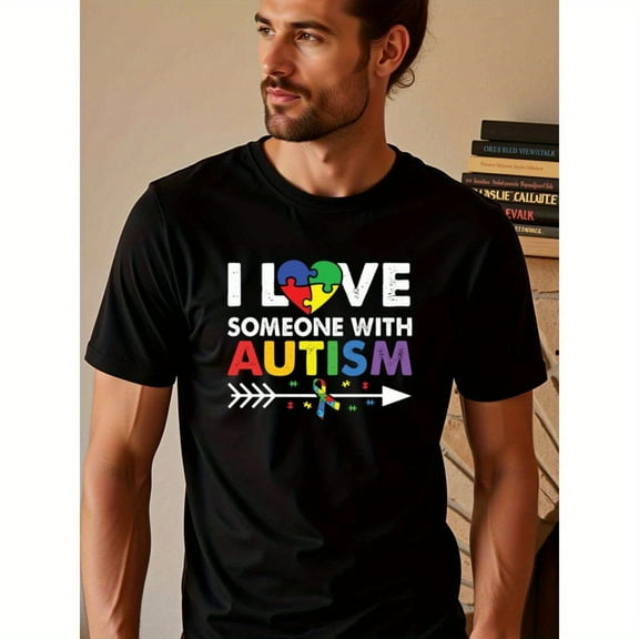 natee I Love Someone with Autism, Men's T-Shirt,100% Cotton Fabric,Crew Neck,Short Sleeve,Regular Fit,All-Season Casual Wear,180gsm-Ideal for Valentines New Year's Day Fath