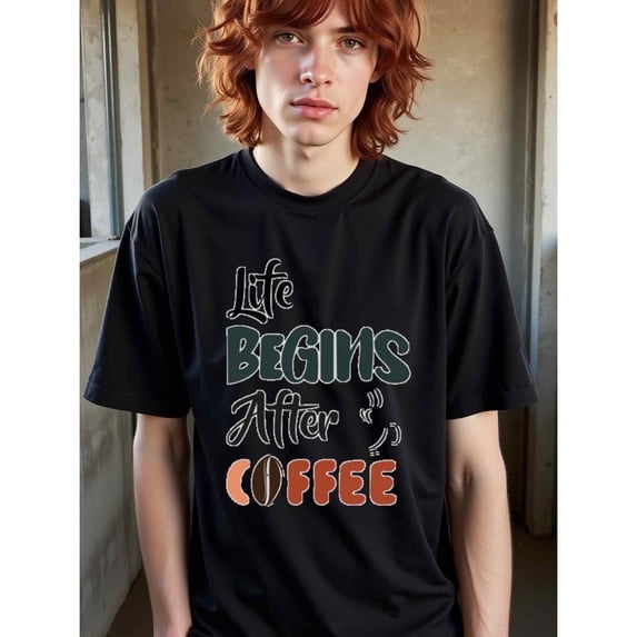 Greenink natee Life Begins After Coffee, man's T-Shirt,100% Cotton Fabric,Crew Neck,Short Sleeve,Regular Fit,All-Season Casual Wear,180gsm-Ideal For Summer Holiday Gift,