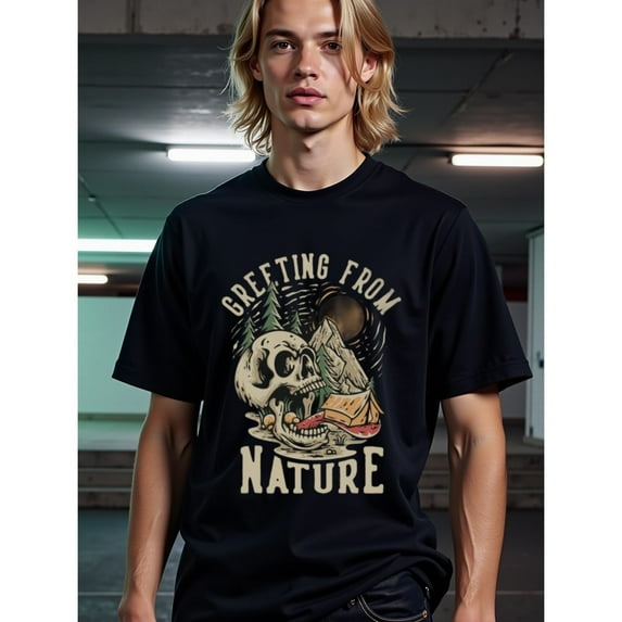natee Nature's Greeting: Skull and Tent T-shirt, man's T-Shirt,100% Cotton Fabric,Crew Neck,Short Sleeve,Regular Fit,All-Season Casual Wear,180gsm-Ideal for Valentines Chri