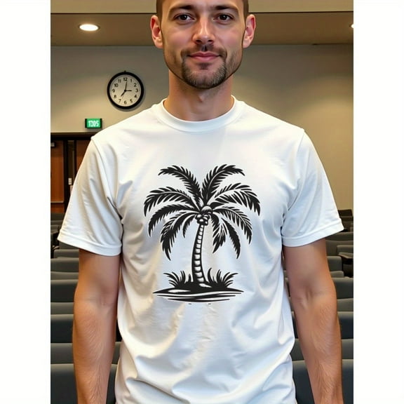 natee Summer Vibes Palm Tree Graphic Tee, Men's T-Shirt,100% Cotton Fabric,Crew Neck,Short Sleeve,Regular Fit,All-Season Casual Wear,180gsm-Ideal for Valentines New Year's