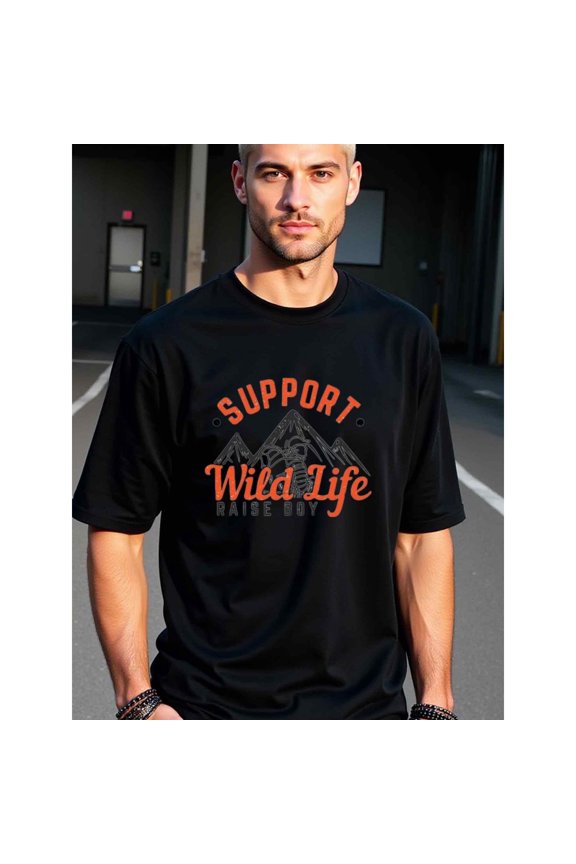 natee Support Wildlife, Raise Boy: Men's Black T-shirt, man's T-Shirt,100% Cotton Fabric,Crew Neck,Short Sleeve,Regular Fit,All-Season Casual Wear,180gsm-Ideal For Summer H