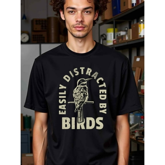 natee Vintage Easily Distracted by Birds Graphic Tee, man's T-Shirt,100% Cotton Fabric,Crew Neck,Short Sleeve,Regular Fit,All-Season Casual Wear,180gsm-Ideal for Valentines