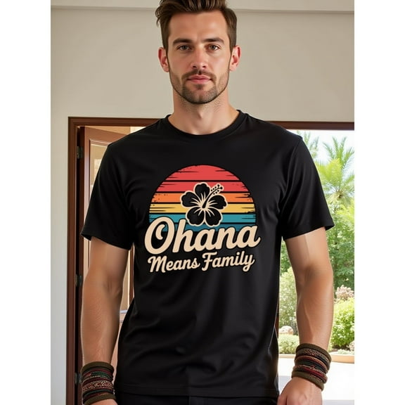 natee Vintage Ohana Means Family Hawaiian Sunset T-shirt, Men's T-Shirt,100% Cotton Fabric,Crew Neck,Short Sleeve,Regular Fit,All-Season Casual Wear,180gsm-Ideal for Valent