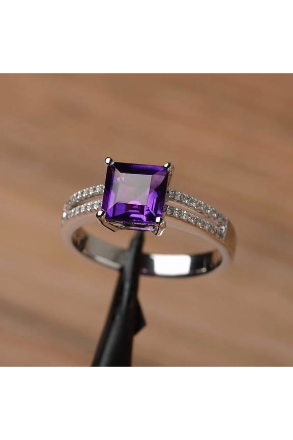 natural amethyst ring square cut purple gemstone ring white gold engagement ring for women