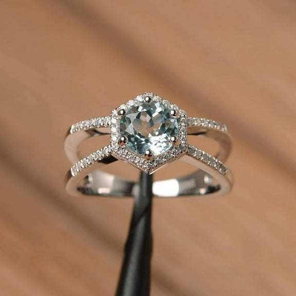 natural aquamarine ring promise ring sterling silver ring round cut gemstone ring March birthstone ring