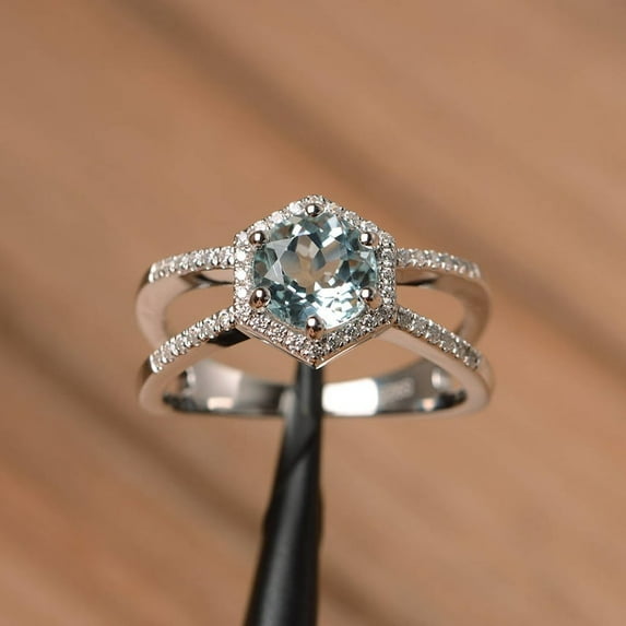 natural aquamarine ring promise ring sterling silver ring round cut gemstone ring March birthstone ring