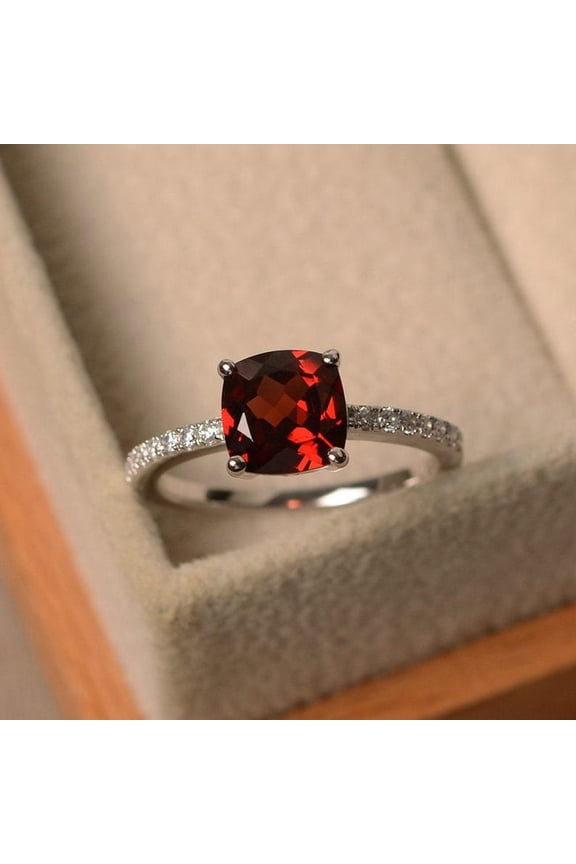 natural garnet ring 925 sterling silver solitaire engagement ring January birthstone red gemstone ring
