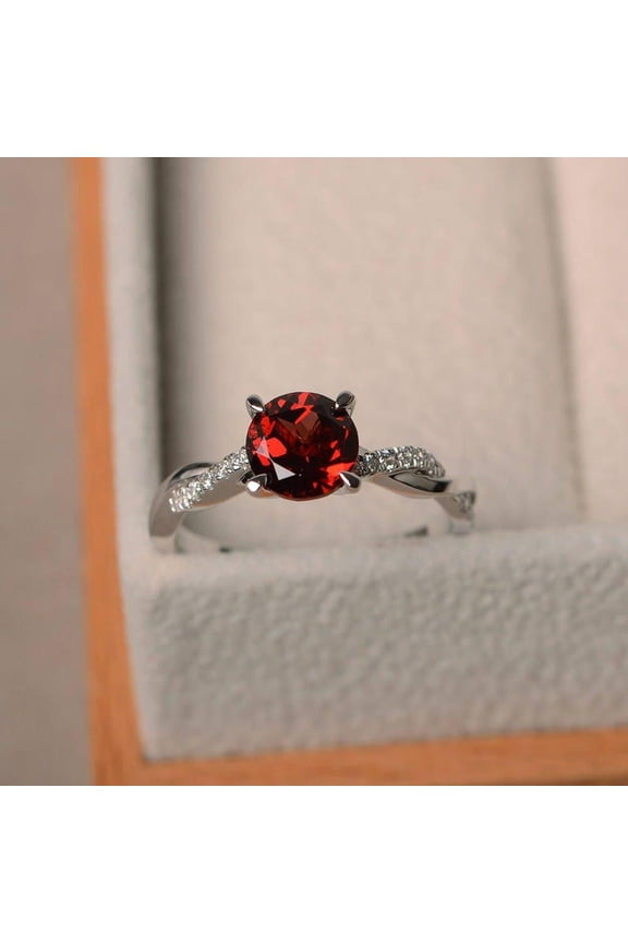 natural garnet ring 925 sterling silver solitaire engagement ring January birthstone red gemstone ring