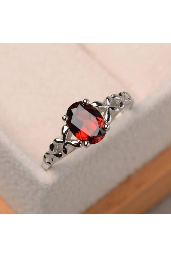 natural garnet ring 925 sterling silver solitaire engagement ring January birthstone red gemstone ring