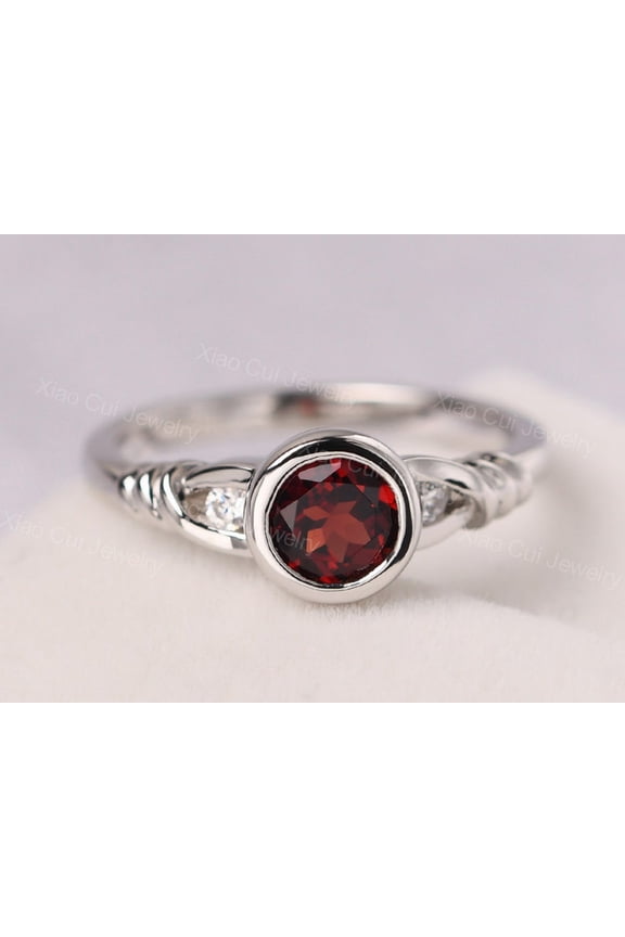 natural garnet ring 925 sterling silver solitaire engagement ring January birthstone red gemstone ring