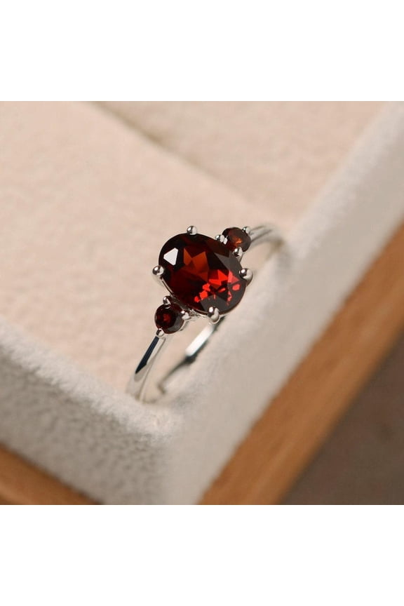 natural garnet ring 925 sterling silver solitaire engagement ring January birthstone red gemstone ring