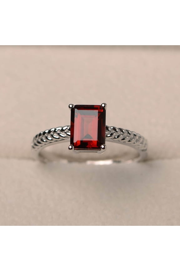 natural garnet ring, emerald cut red gemstone, January birthstone, solitaire ring, sterling silver ring
