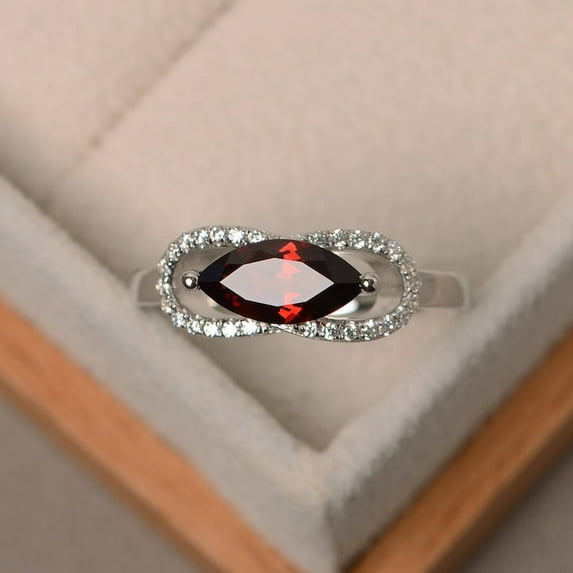 natural red garnet ring, garnet anniversary ring, January birthstone, sterling silver, red gemstone ring, marquise cut gemstone