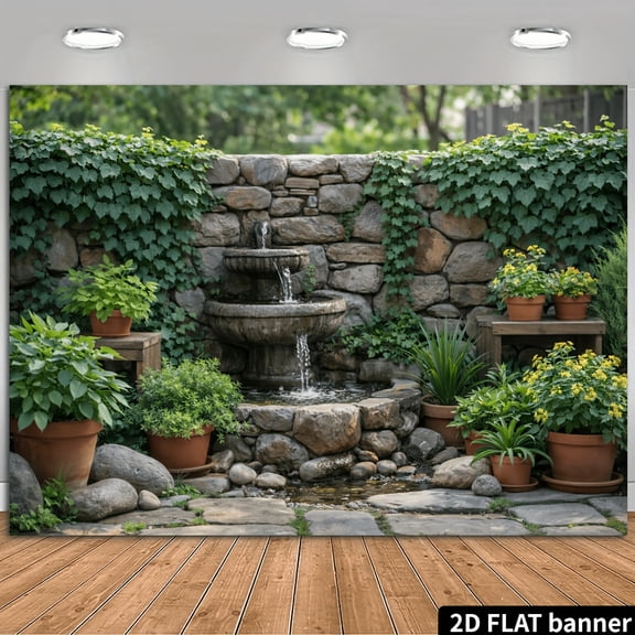 A natural stone-themed wall fountain tapestry, featuring climbing ivy accents and a two-tiered fountain design. Ideal for decorating dormitories, bedrooms, parties, and outdoor spaces.