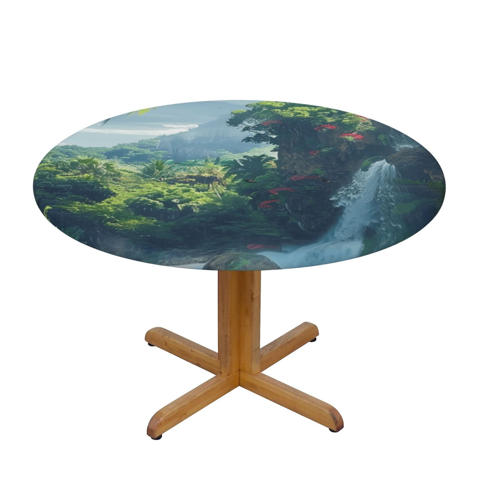 nature Round Picnic Table Cloth, Elastic Waterproof Fitted Vinyl