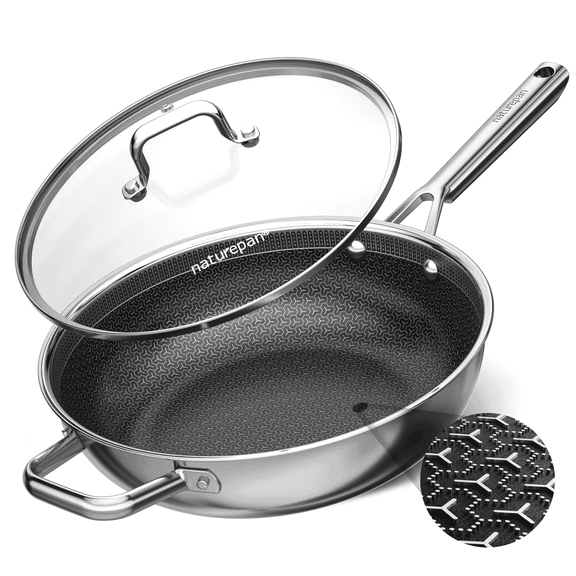 naturepan 5QT 3-Ply Hybrid Diamond-Titanium Ceramic Nonstick Sauté Pan with Lid, Stainless Steel Pan, Hexagon Surface, Dishwasher/Oven Safe