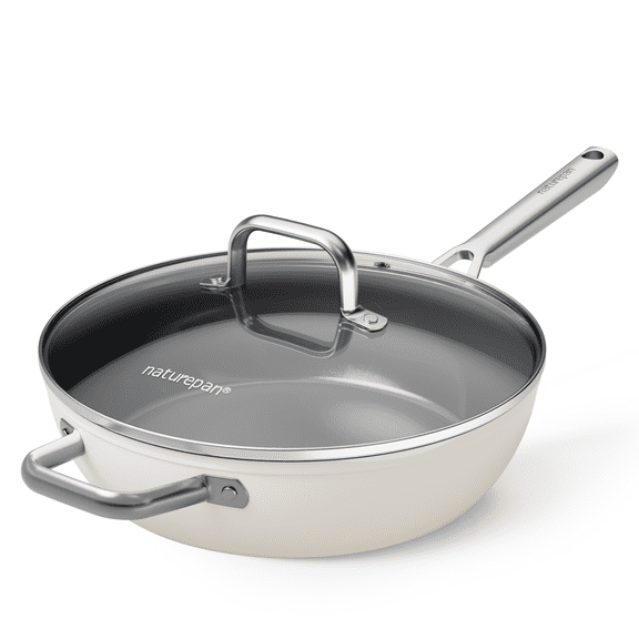 naturepan 5QT Diamond-Titanium Ceramic Nonstick Sauté Pan with Lid, Dishwasher/Oven Safe, Beige White