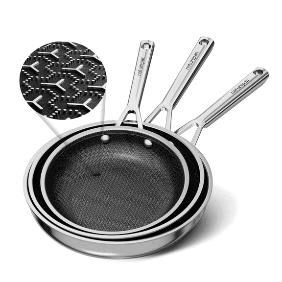 naturepan 3-Ply Hybrid Diamond-Titanium Ceramic Nonstick Frying Pan Set, 3-Piece (8,9.5” & 11”), Stainless Steel Pan, Dishwasher Safe & Oven Safe