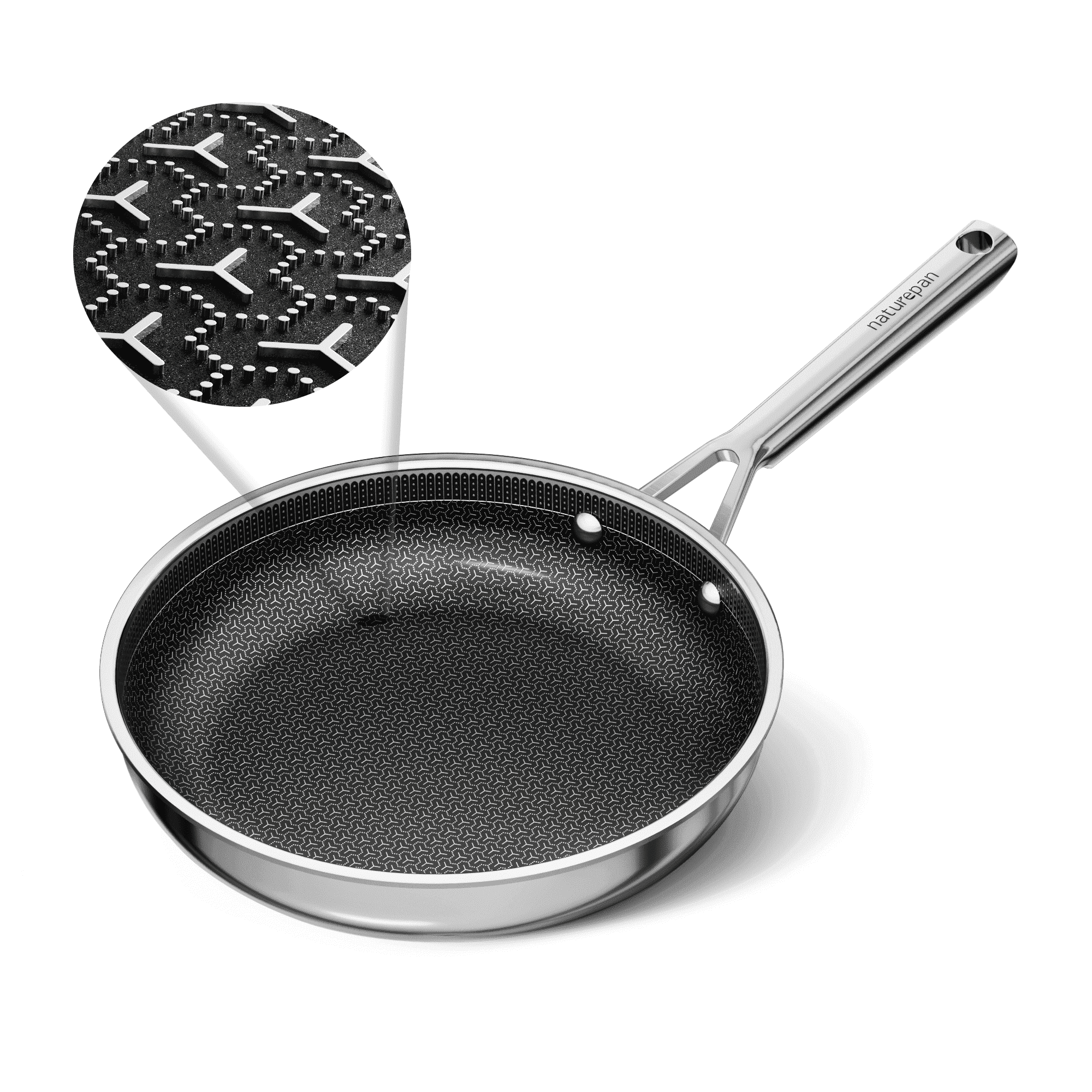 naturepan 9.5 Inch 3-Ply Hybrid Ceramic Frying Pan, Diamond-Titanium Nonstick Stainless Steel Pan, Hexagon Surface, Dishwasher Safe & Oven Safe