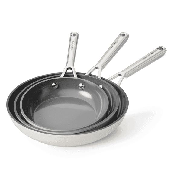 naturepan Diamond-Titanium Ceramic Nonstick Frying Pan Set, 3-Piece (8”, 9.5” & 11”), Dishwasher/Oven Safe for All Stovetops, Beige White