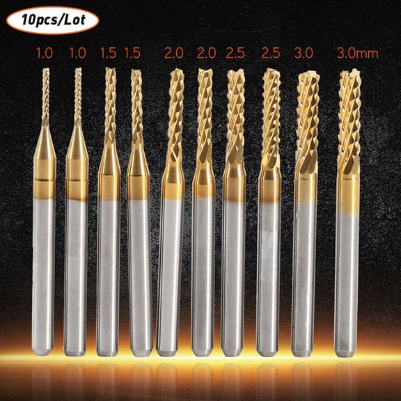 navestar 10Pcs Carbide End Mill Set 1mm-3mm Cnc Router Bits for Metal Pcb Plastic Milling 3.175mm Shank Gold Coated Cutting Edge