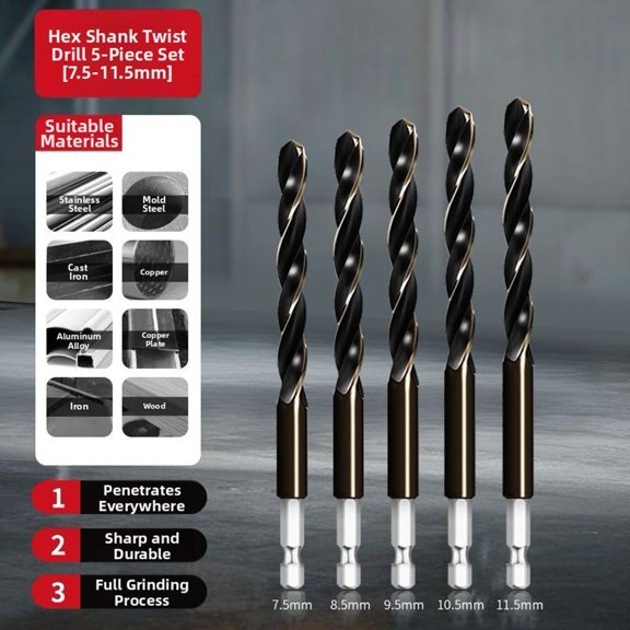 navestar High-Speed Cobalt Steel Drill Set Hex Shank Metric Drill Bit Set 1.5-11.5mm Drill Bits for Stainless Steel Hard Metal E 5Pcs