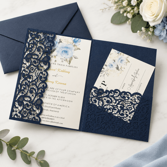 navy blue covers tri-fold cut pocket greeting invitation cards for weddings and special occasions