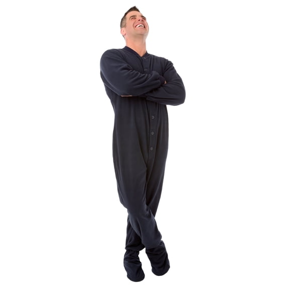 Navy Blue Micro Polar Fleece Adult Mens Footed Pajamas w/ Drop Seat Sleeper