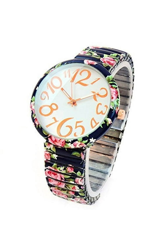 navy blue roses floral print large face easy to read stretch band extension women's watch