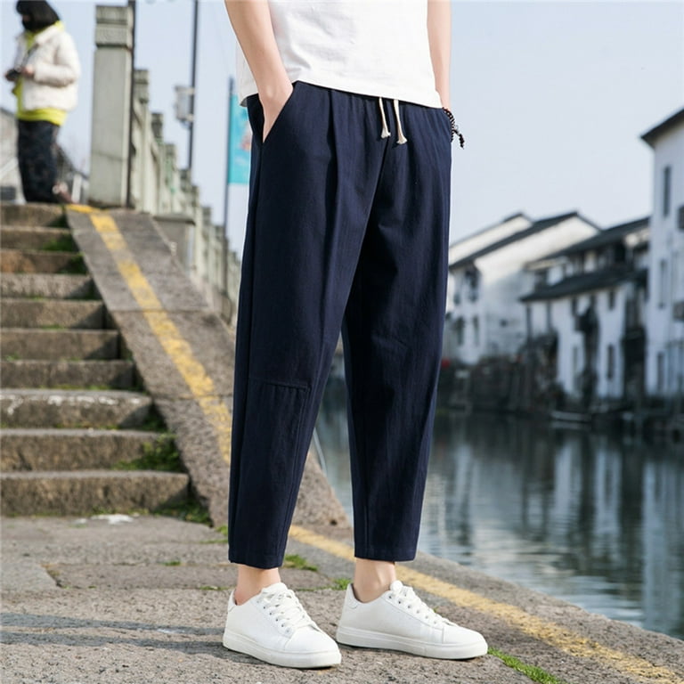 navy cargo pants mens spring and summer casual pants mens wild cotton and  linen loose linen pants korean version of the trend pants straight tube 