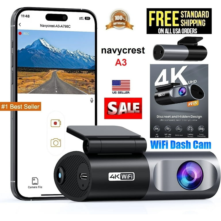 Navycrest A3 4K Ultra HD WiFi Dash Cam, Front Recorder with App, G