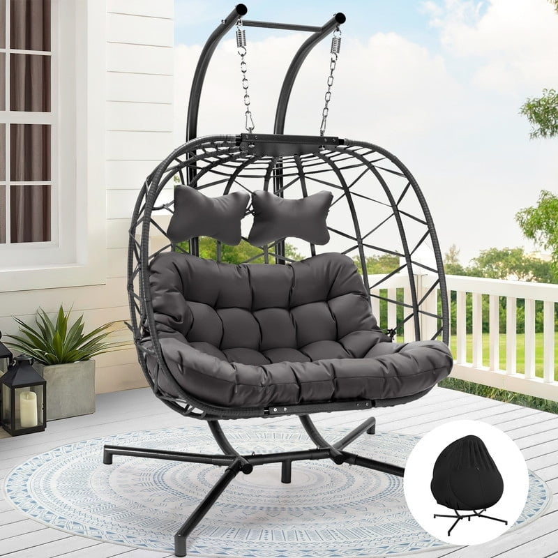 nawabay Patio Outdoor Indoor Wicker Double Swing Egg Chair with Stand