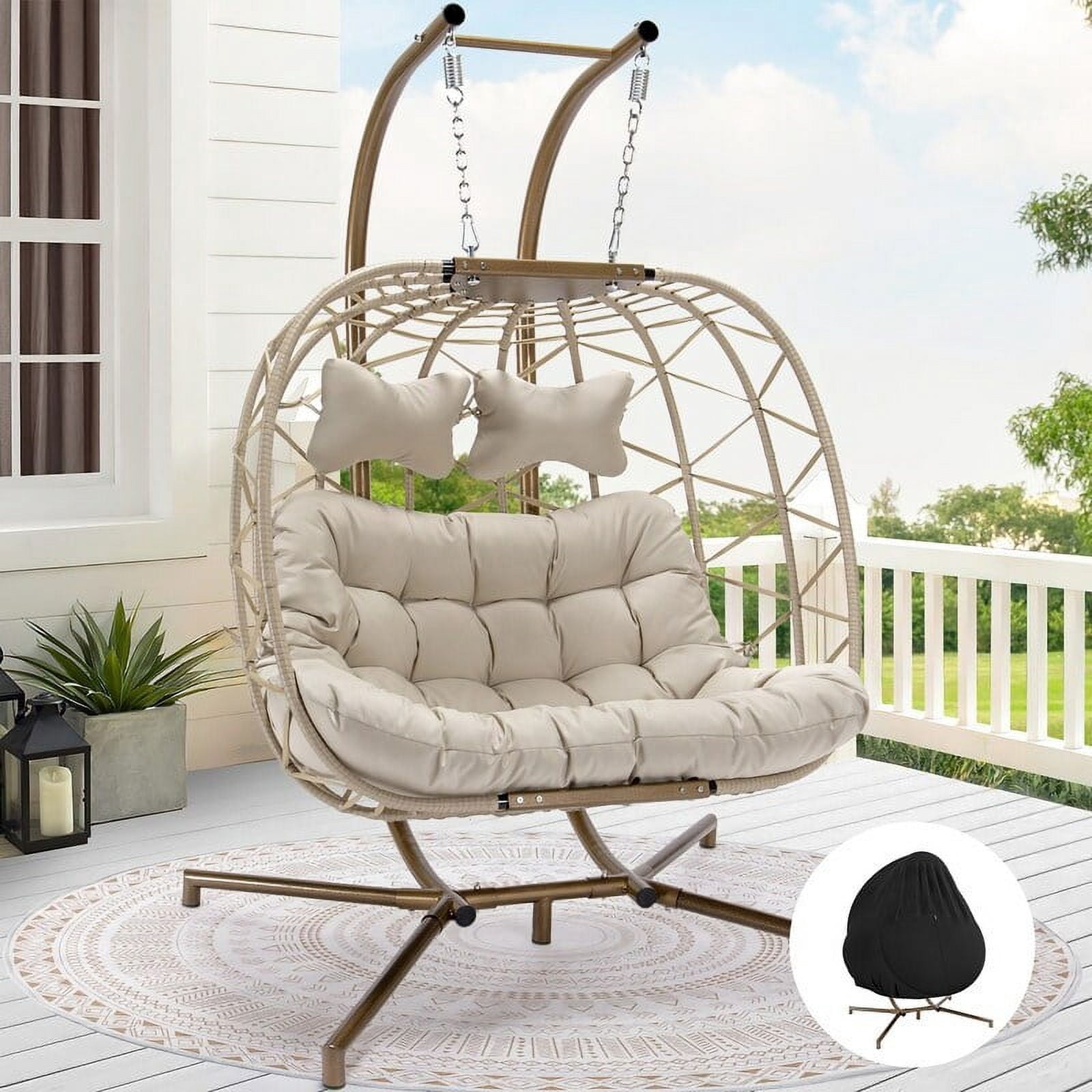 nawabay Patio Outdoor Indoor Wicker Double Swing Egg Chair with Stand