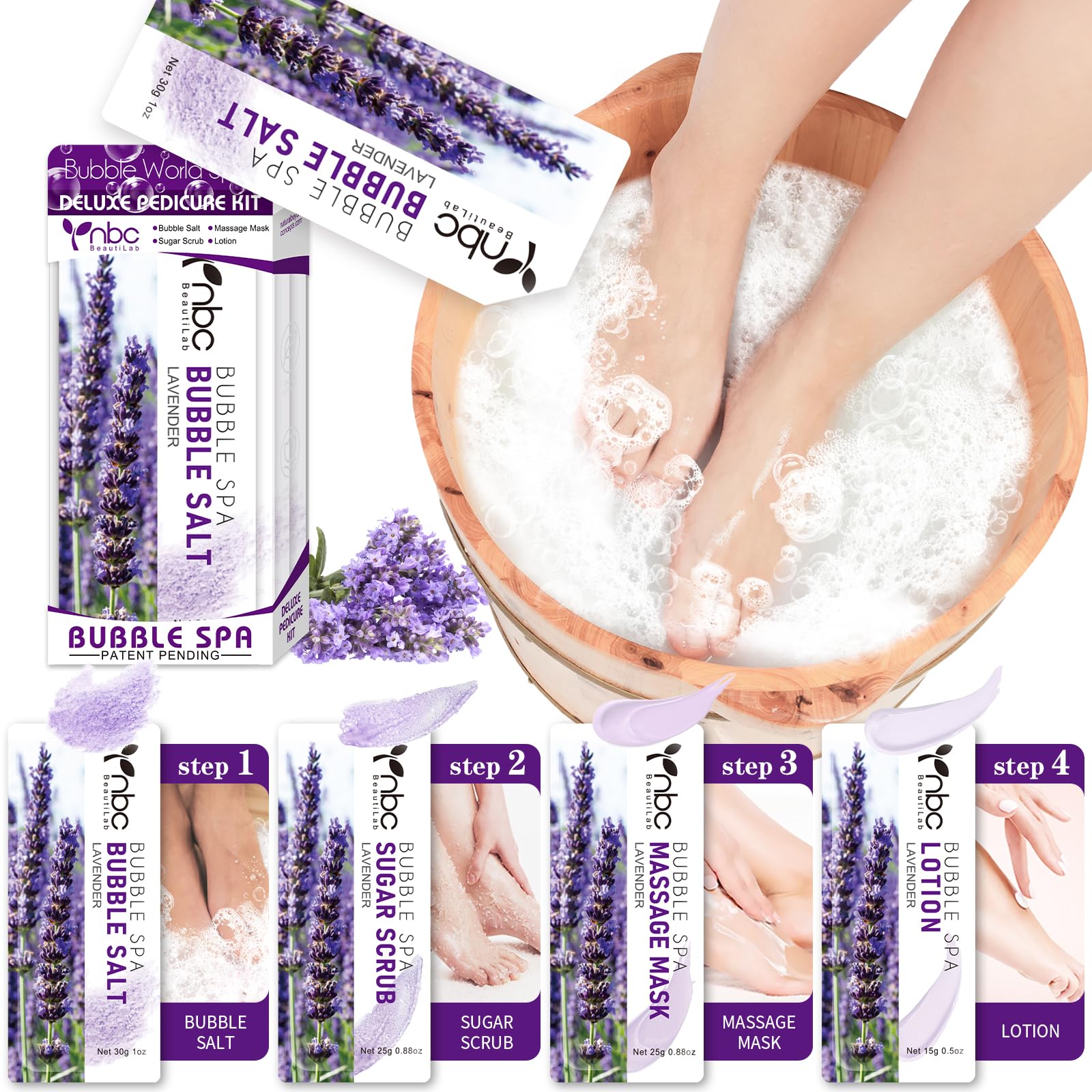 nbc BeautiLab Pedicure Kit Foot Soak Set Bubble Salt, Sugar Scrub