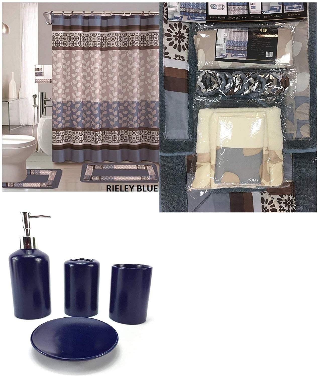 Walmart 22 Piece Matching Bathroom Accessories Set: Bath Mats, Shower  Curtain, Towels, Ceramic Decorations (Riely Blue) - Walmart.com, image size:1278x1500