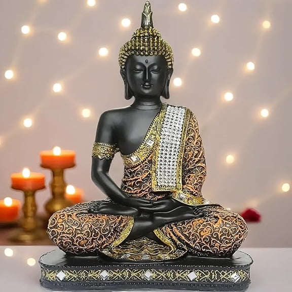 25 Centimetre Meditating Sitting Buddha Idol Statue showpiece Home Decor Decoration Items for Living Room and Gifts (1, Orange Black)