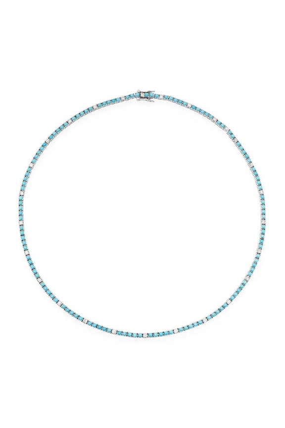 &nbsp;925 Silver Turquoise & Diamond Tennis Necklace (Responsibly Sourced Natural Real Diamond Turquoise Eternity Style Choker Line Necklace