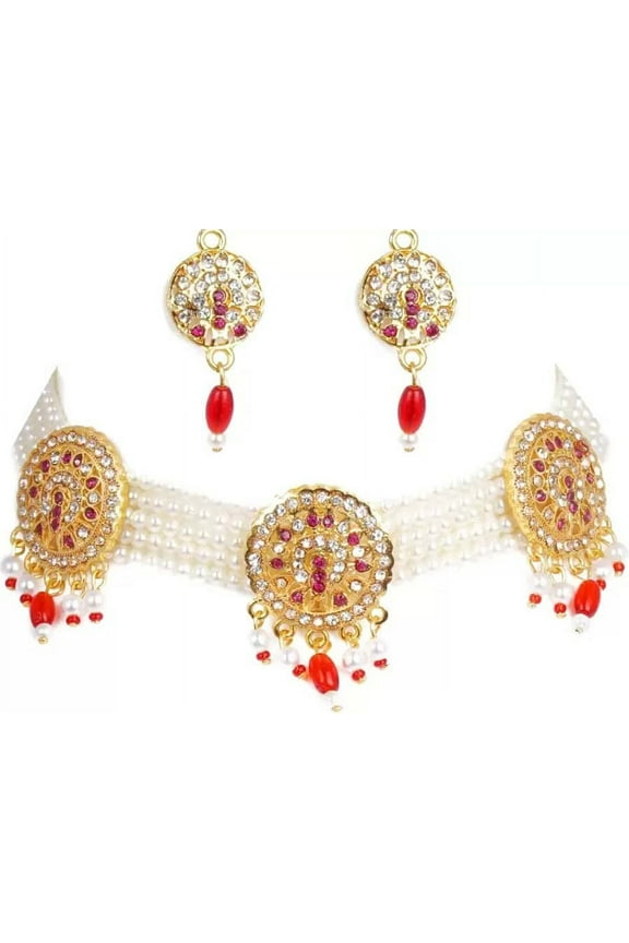 Artificial Gold Jadau Jewellery Rajputana Rajasthani Antique Traditional Ethnic Wear Pearl Beaded Choker Necklace set Earrings(MIBDDCHKR990B5MOONCPY1)